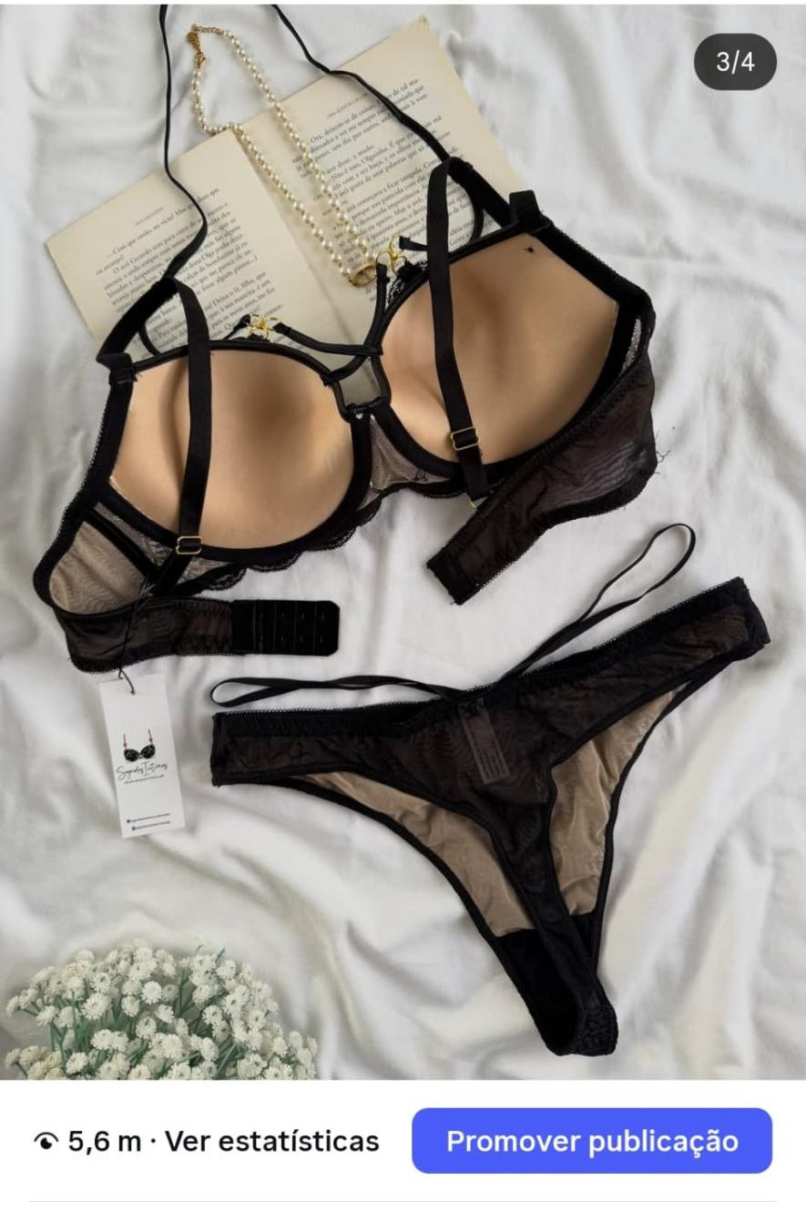 Conjunto Push Up Renda Lux Preto - vista completa