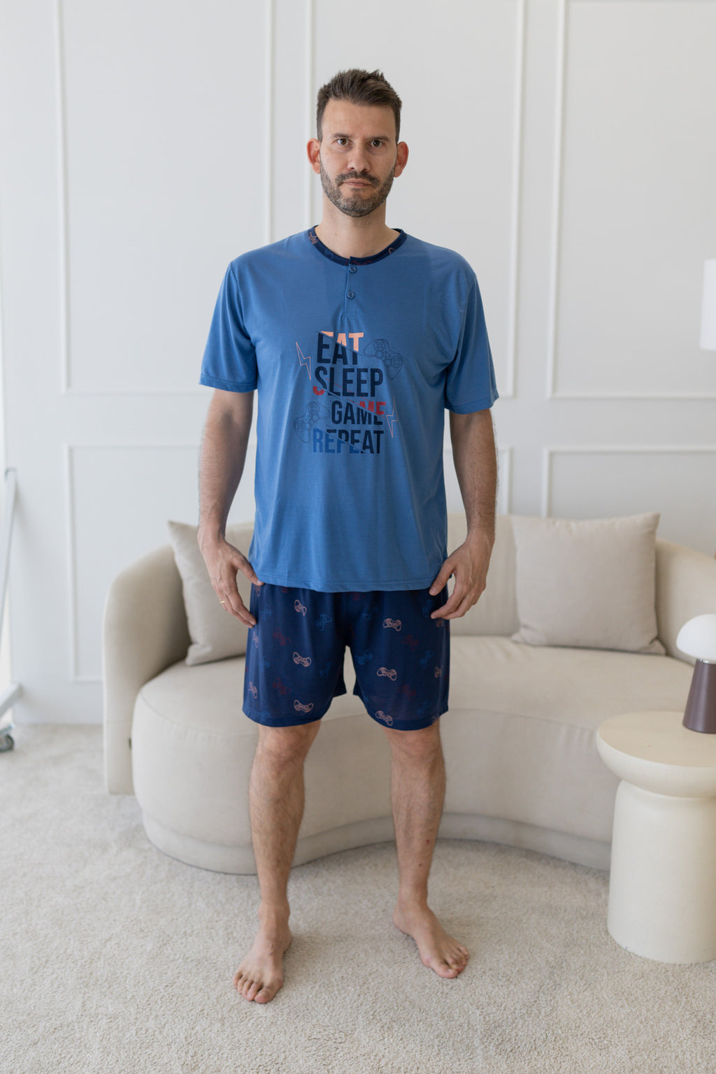 Pijama homem algodão Eat Sleep Game Repeat azul