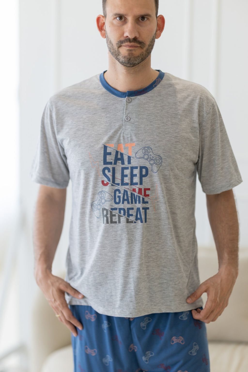 Pijama homem algodão Eat Sleep Game Repeat cinza