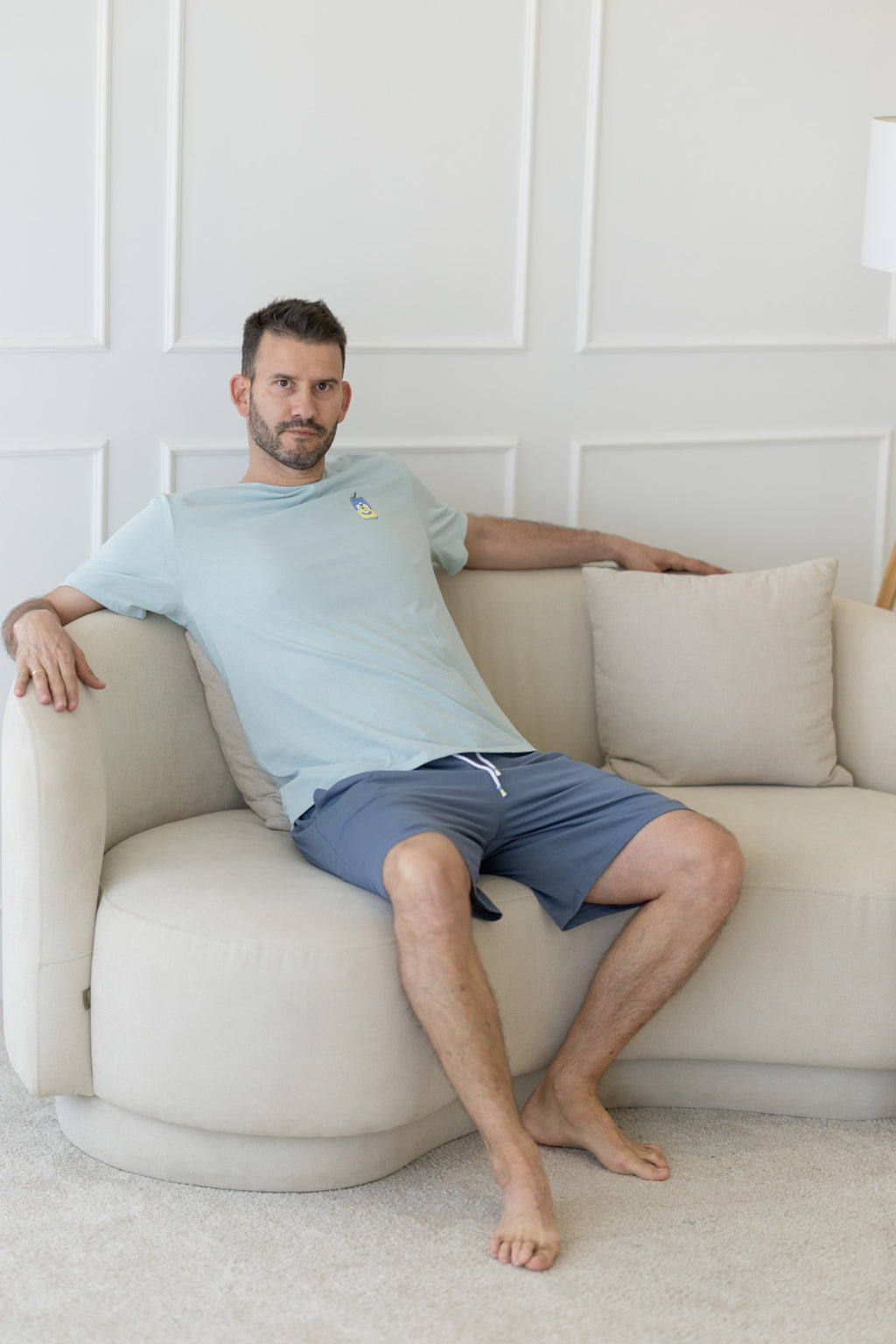 Pijama homem algodão - detalhe do calção azul com cordão