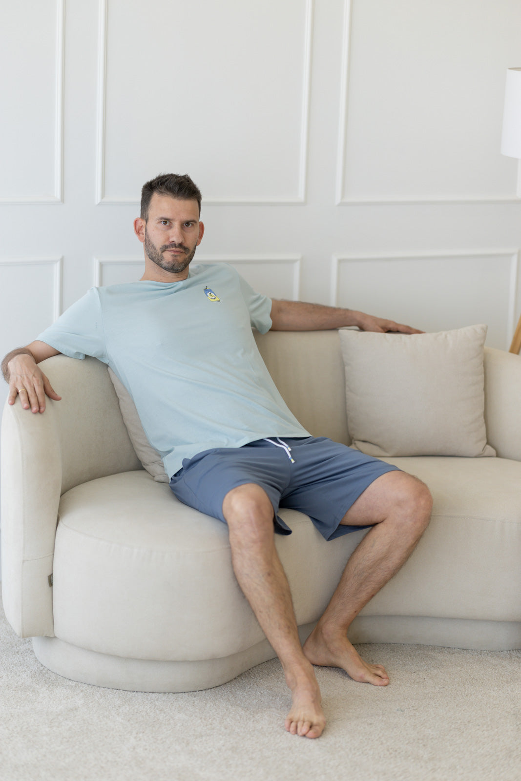 Pijama homem algodão - detalhe do calção azul com cordão