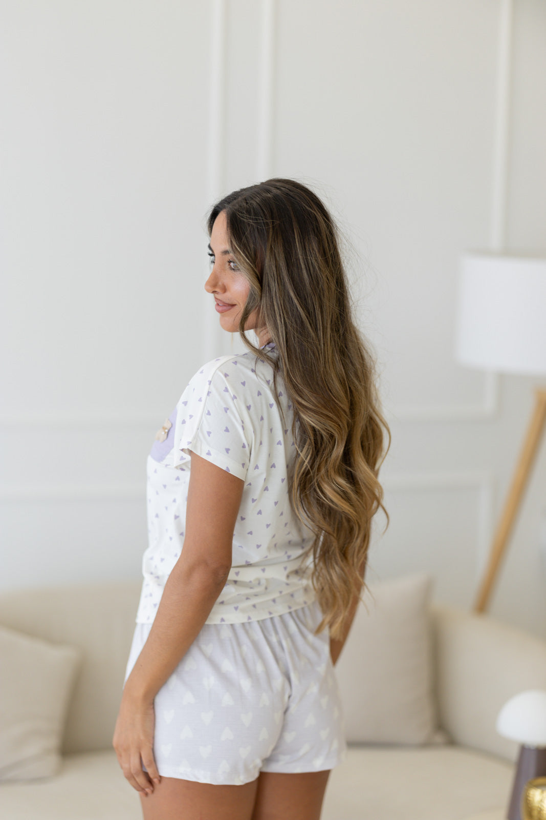 Pijama mulher algodão corações lilás - look completo