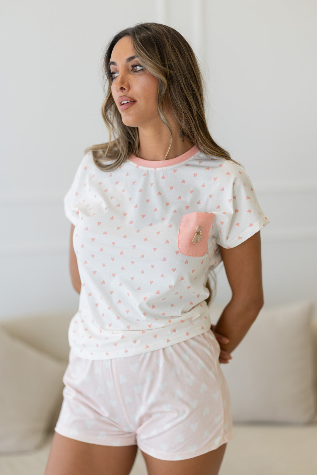 Pijama mulher algodão corações rosa - detalhe bolso